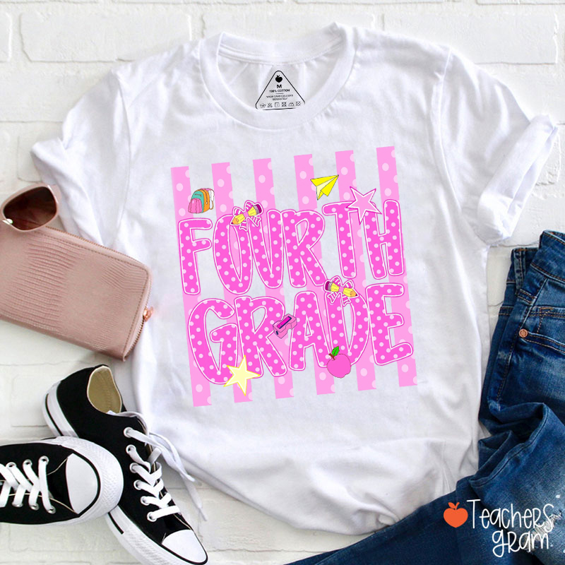 Personalized Pink Stripe And Dot Grade Teacher T-Shirt