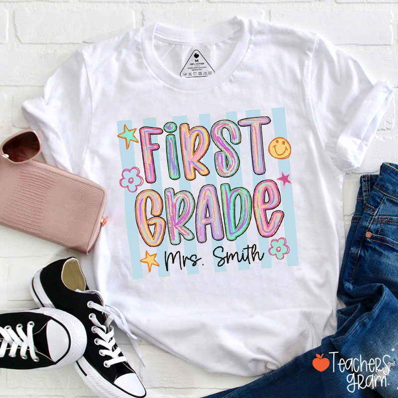 Personalized Grade And Name Stripes Neon Teacher T-Shirt