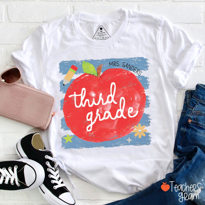 Personalized Grade And Name Lines Apple Teacher T-Shirt