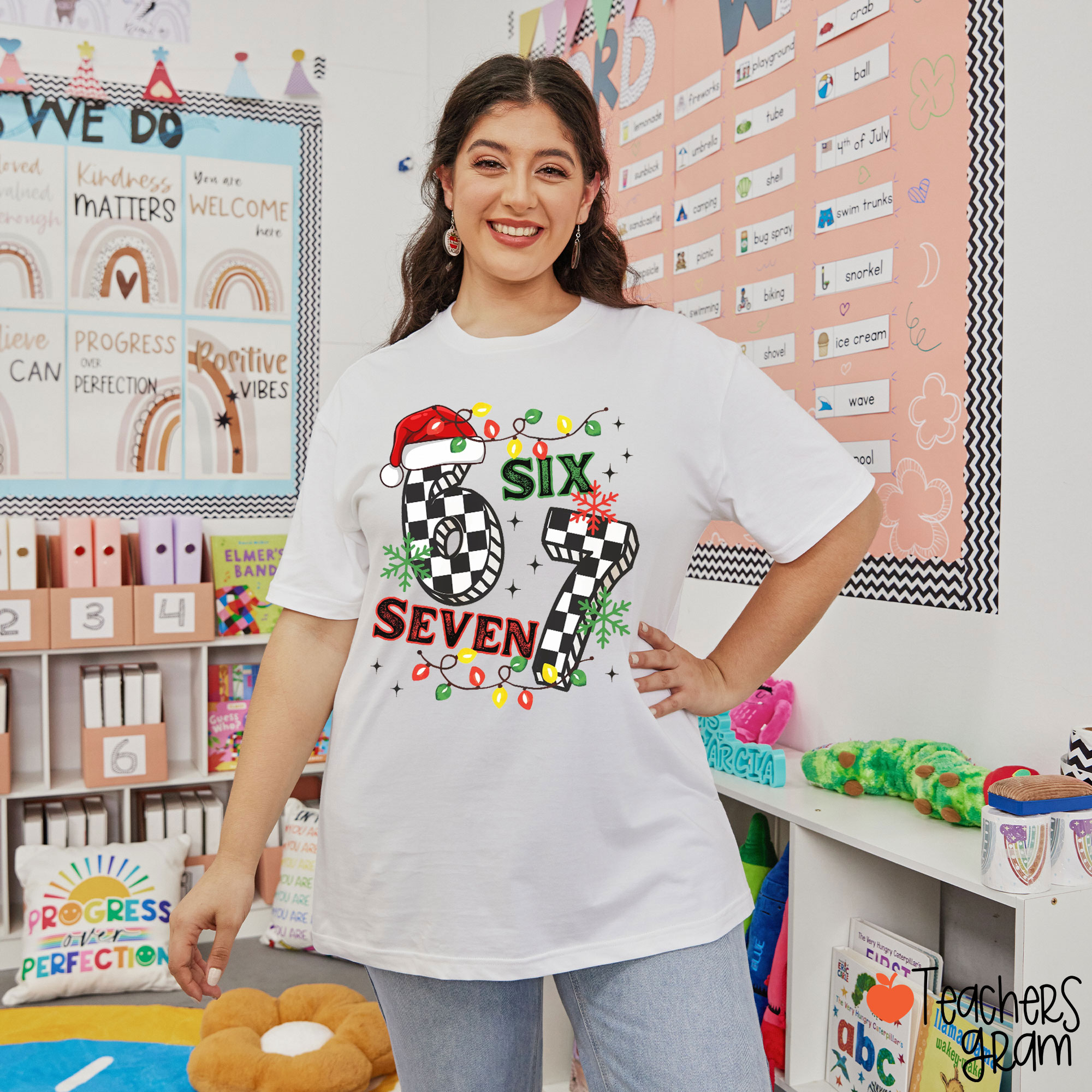 Six Seven Christmas Lights And Snowflakes Teacher T-Shirt