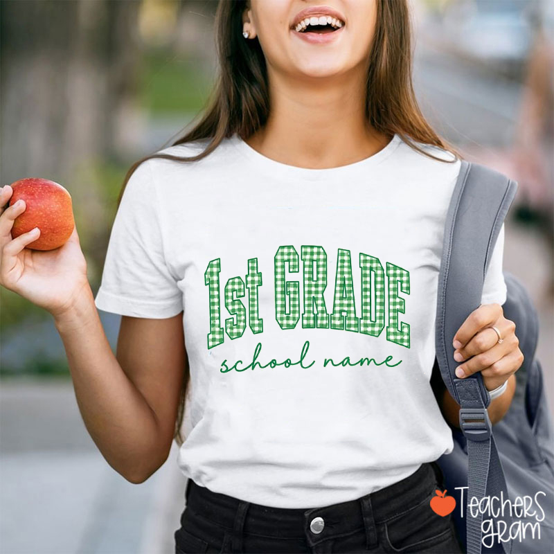 Personalized Grade And School Name Gingham Arch Letter Teacher T-Shirt
