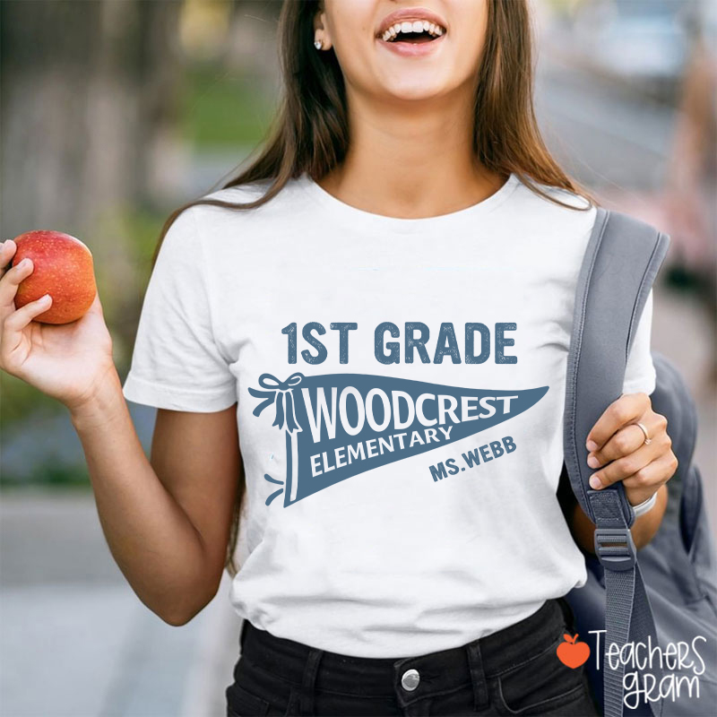Personalized Grade And School Name Pennant Teacher T-Shirt