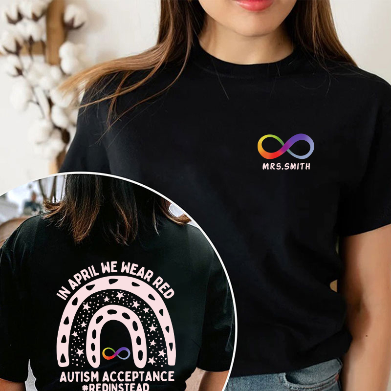 Personalized In April We Wear Red Teacher Two Sided T-Shirt