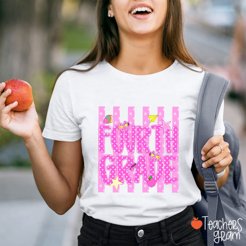 Personalized Pink Stripe And Dot Grade Teacher T-Shirt