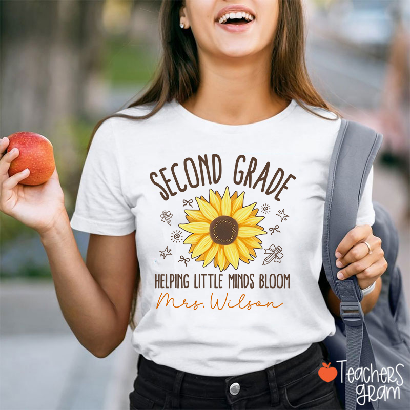 Personalized Grade And Name Helping Little Minds Bloom Teacher T-Shirt
