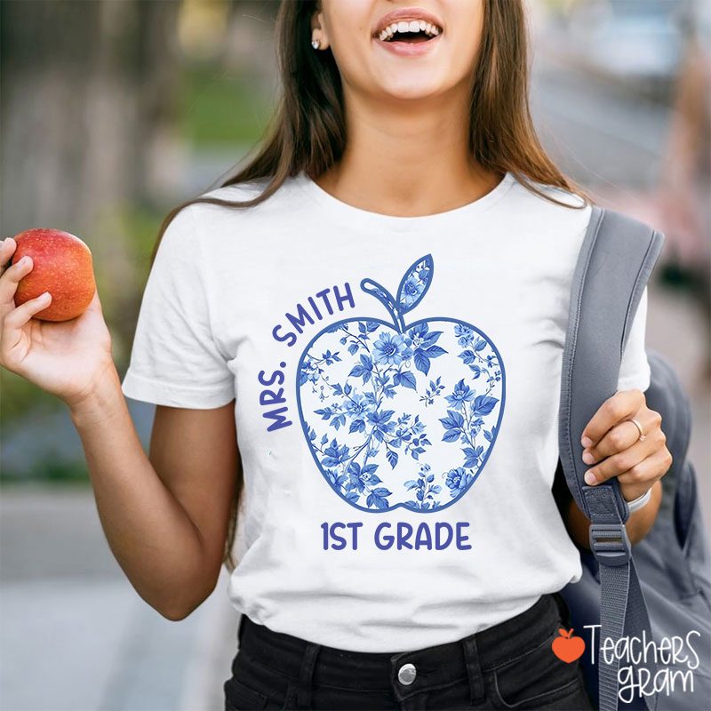 Personalized Grade And Name Blue And White Porcelain Apple Teacher T-Shirt