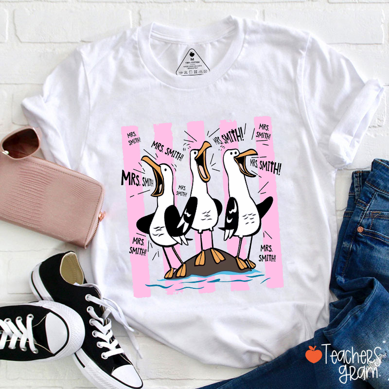Personalized Pink Stripes Seagull Meme Teacher T-Shirt