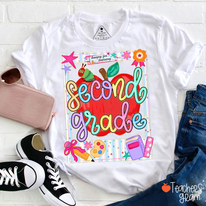 Personalized Grade Apple Caterpillar School Supply Frame Teacher T-Shirt