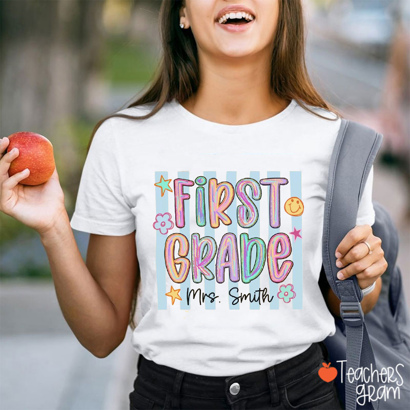 Personalized Grade And Name Stripes Neon Teacher T-Shirt