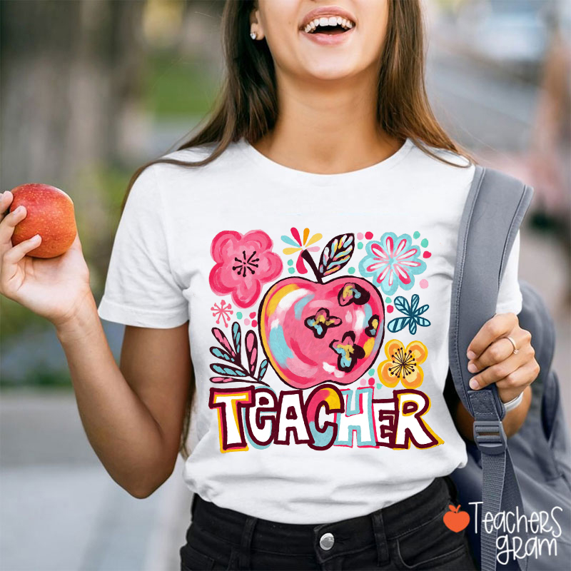 Personalized Floral Apple Bold Letter Teacher T-Shirt
