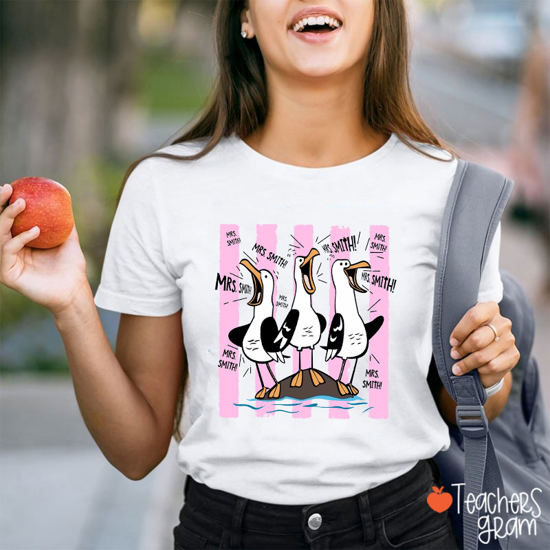Personalized Pink Stripes Seagull Meme Teacher T-Shirt