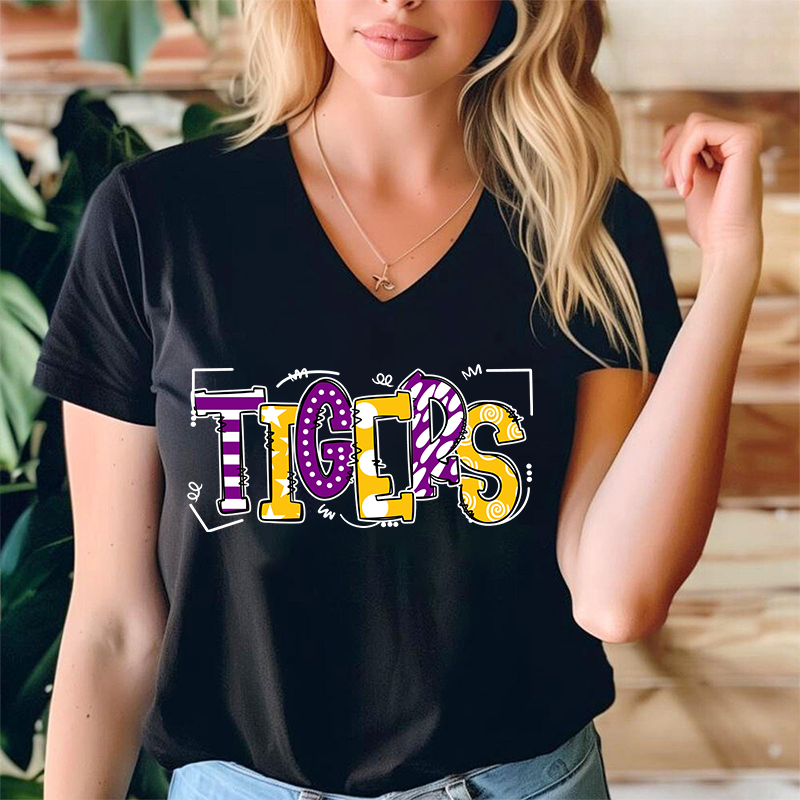 Personalized Mascot Cute Fonts Game Day Teacher Female V-Neck T-Shirt