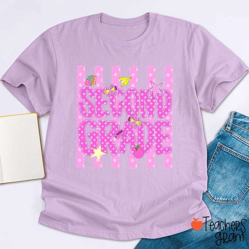 Personalized Pink Stripe And Dot Grade Teacher T-Shirt