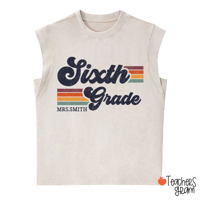 Personalized Grade And Name Retro Horizontal Stripes Teacher Washed Tank Top