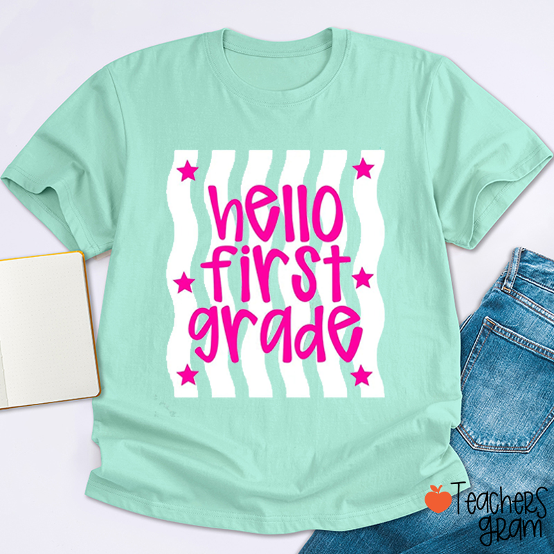 Personalized Grade And Name Wave Stripes Neon Teacher T-Shirt