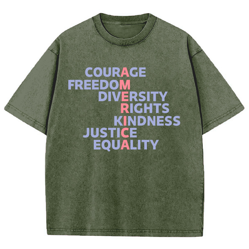 Courage Freedom Diversity Right Kindness Justice Equality America Teacher Washed T-Shirt