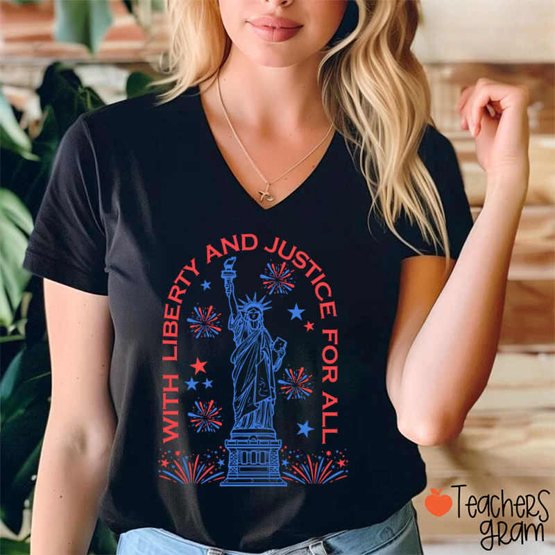 With Liberty And Justice For All Teacher Female V-Neck T-Shirt
