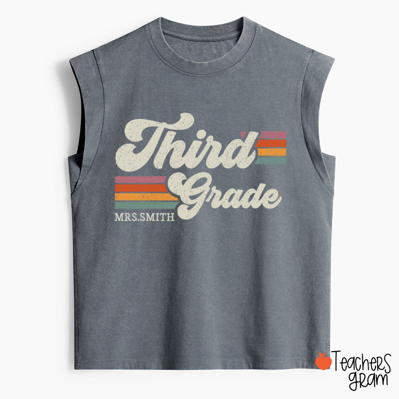 Personalized Grade And Name Retro Horizontal Stripes Teacher Washed Tank Top