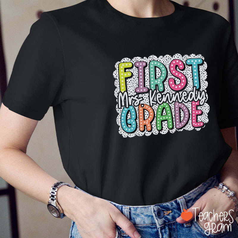 Personalized Neon Dot Grade And Name Teacher T-Shirt