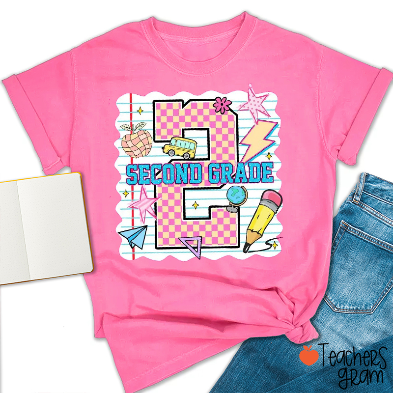 Personalized Pink Plaid And Notebook Style Teacher T-Shirt