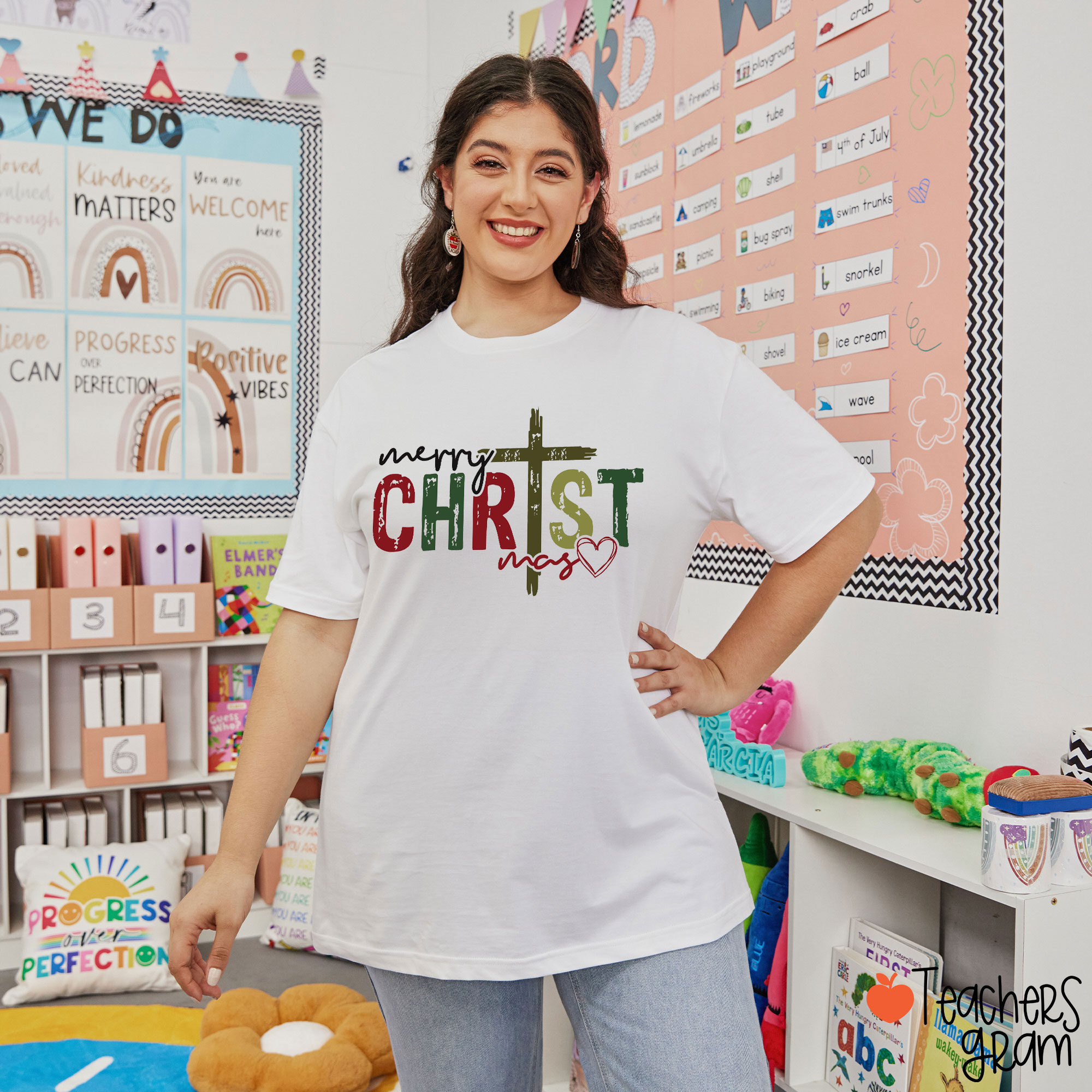 Christmas Cross And Heart Teacher T-Shirt