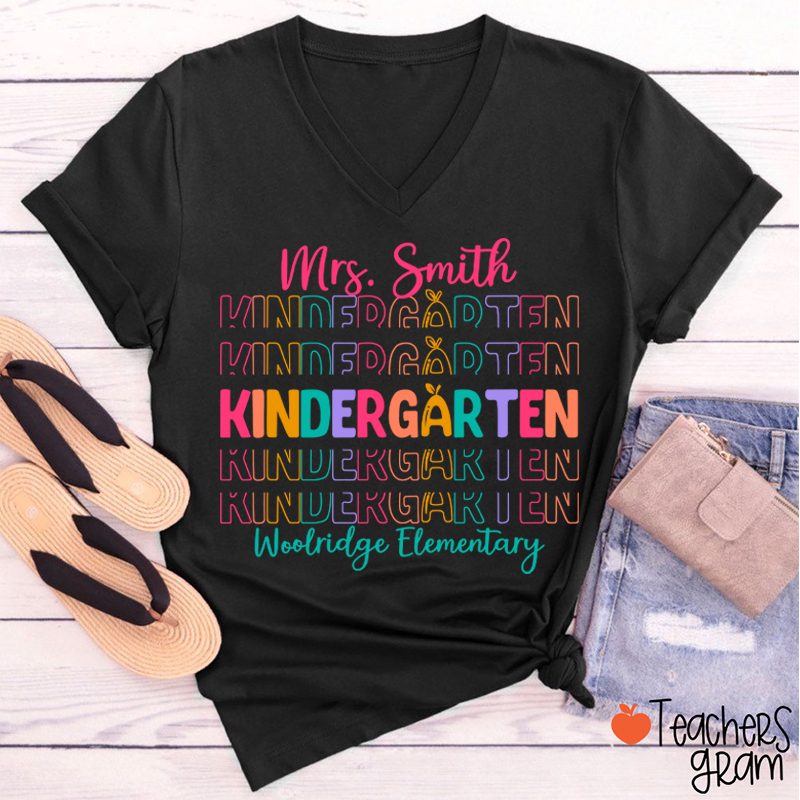 Personalized Colorful Apple Teacher Female V-Neck T-Shirt