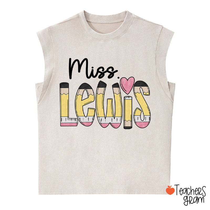 Personalized Pencil Name Teacher Washed Tank Top