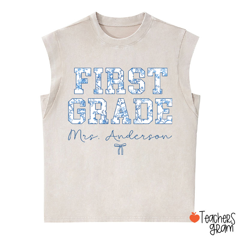 Personalized Name And Grade Trendy Teacher Washed Tank Top