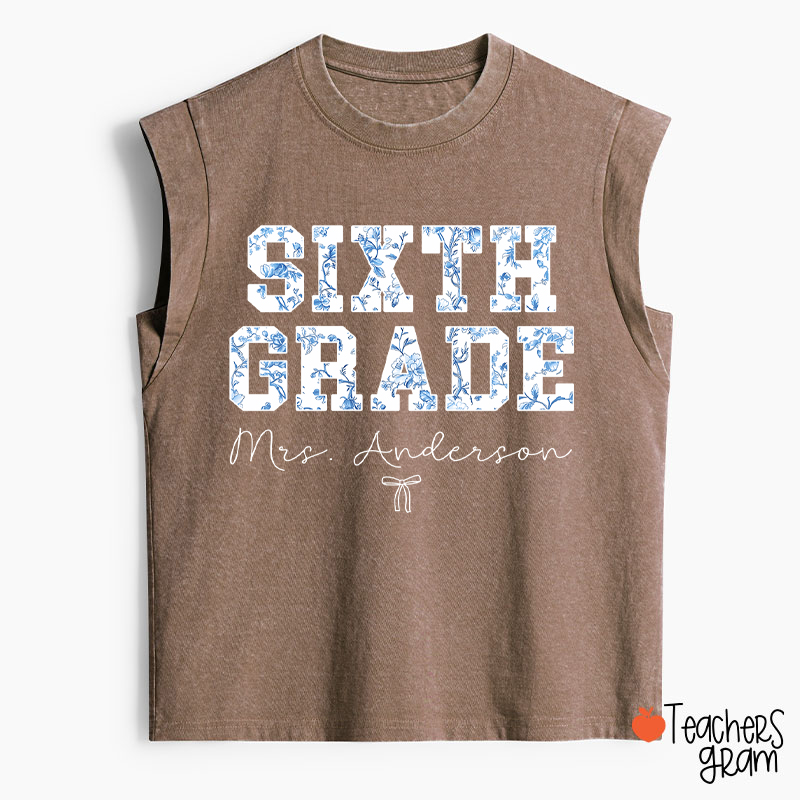 Personalized Name And Grade Trendy Teacher Washed Tank Top