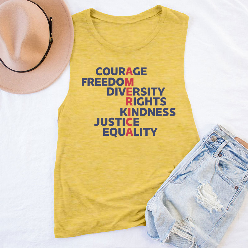 Courage Freedom Diversity Right Kindness Justice Equality America Teacher Tank Top