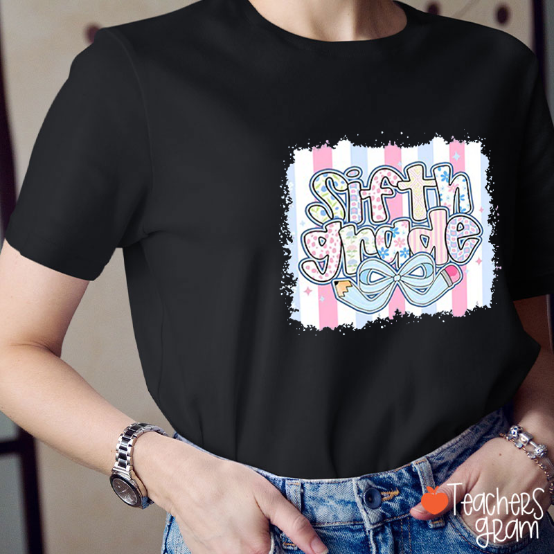 Personalized Grade Pencil Bow Blue Pattern Teacher T-Shirt