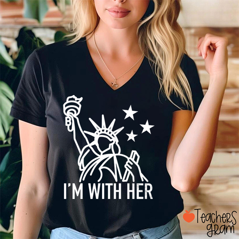 I'm With Her Teacher Female V-Neck T-Shirt