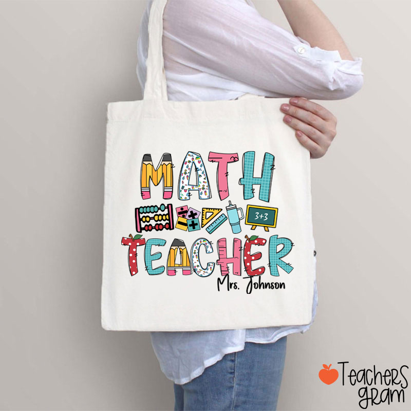 Personalized Math Teacher's Name Cute Math Icon Teacher Tote Bag