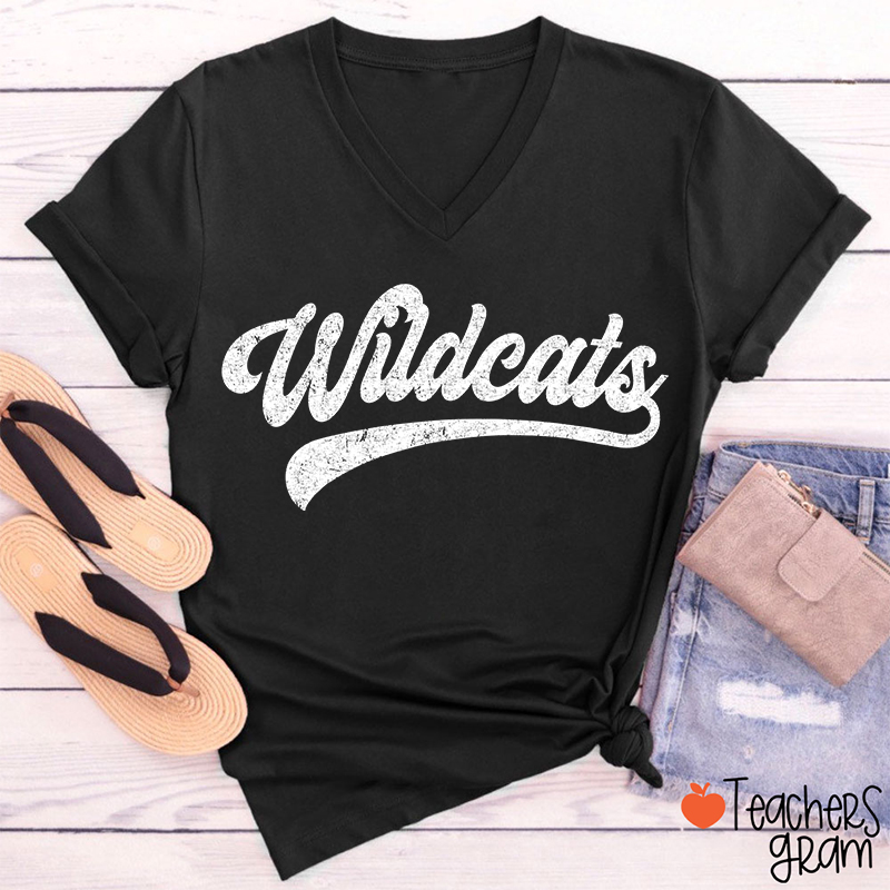 Personalized Mascot Washed And Distressed Print Teacher Female V-Neck T-Shirt
