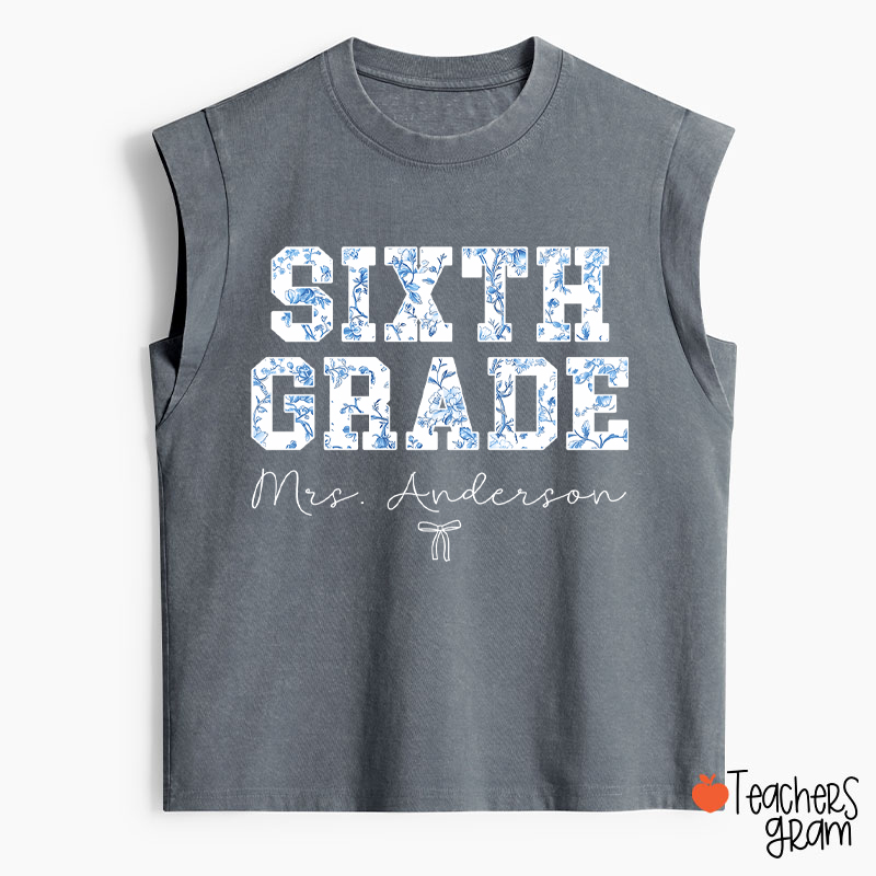 Personalized Name And Grade Trendy Teacher Washed Tank Top