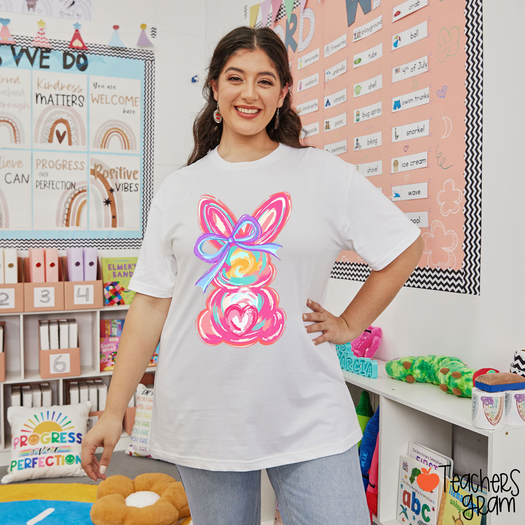 Colorful Bunny Happy Easter Teacher T-Shirt