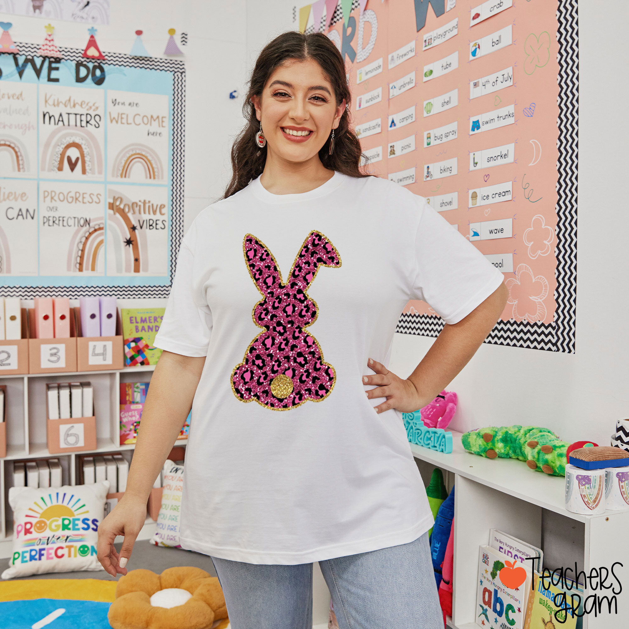 Glitter Bunny Happy Easter Teacher T-Shirt