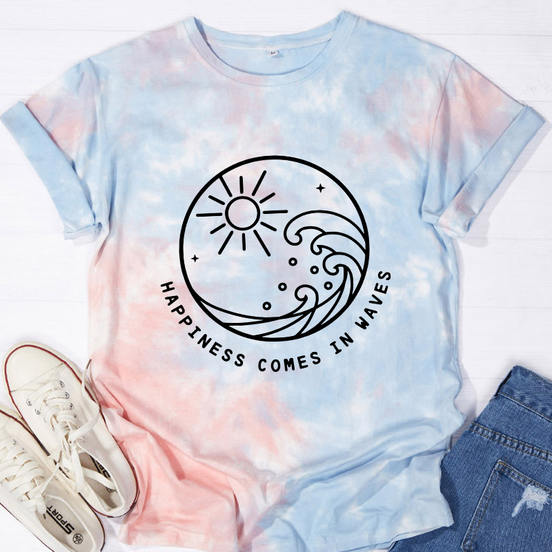 Happiness Comes In Waves Teacher Tie-dye T-Shirt