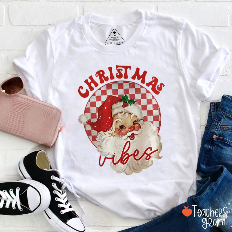 Red Santa Christmas Vibes Teacher T-Shirt