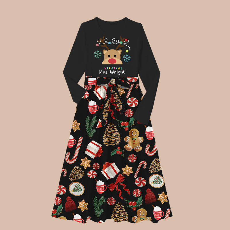 Personalized Merry Christmas Teacher Long-Sleeved One Piece Dress