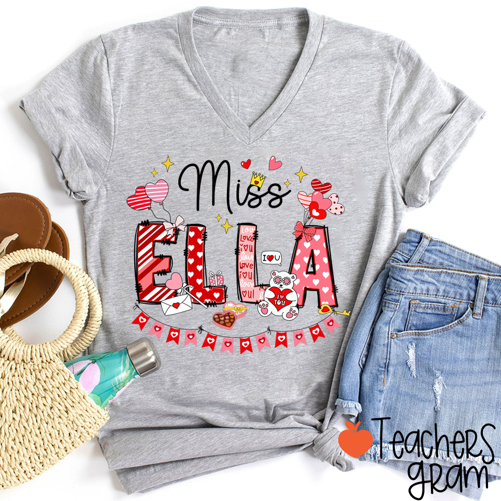 Personalized Valentines Day Teacher Female V-Neck T-Shirt