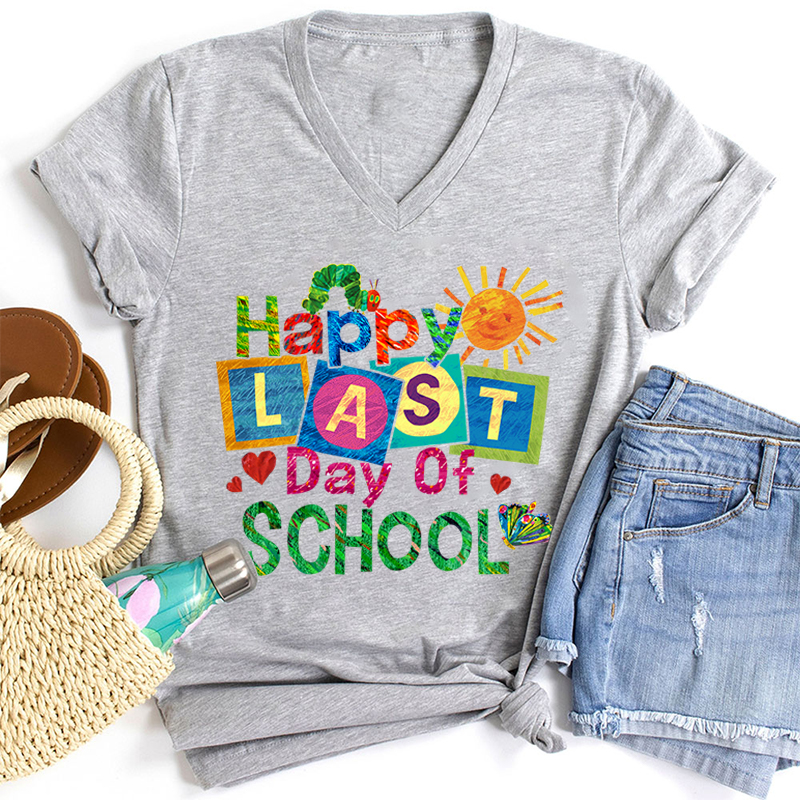 Summer Happy Last Day Of School Teacher Female V-Neck T-Shirt