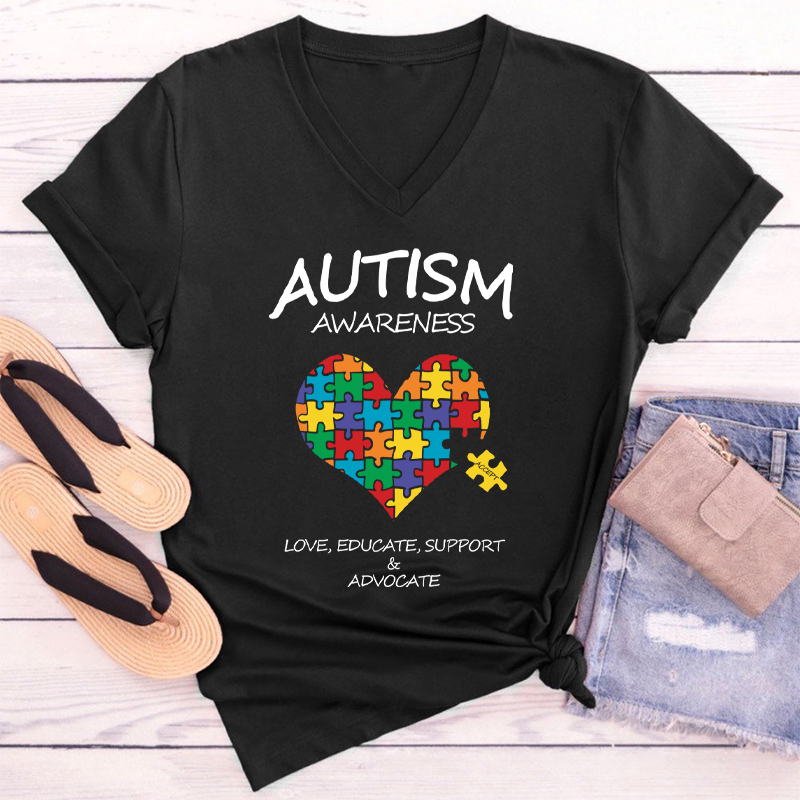 Love Educate Support Autism Awareness Teacher Female V-Neck T-Shirt