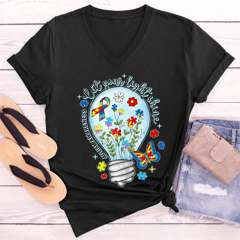Let Your Light Shine Autism Awareness Teacher Female V-Neck T-Shirt
