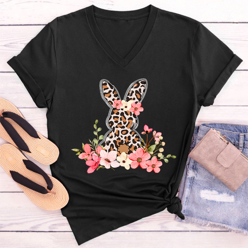 Leopard Floral Bunny Teacher Teacher Female V-Neck T-Shirt