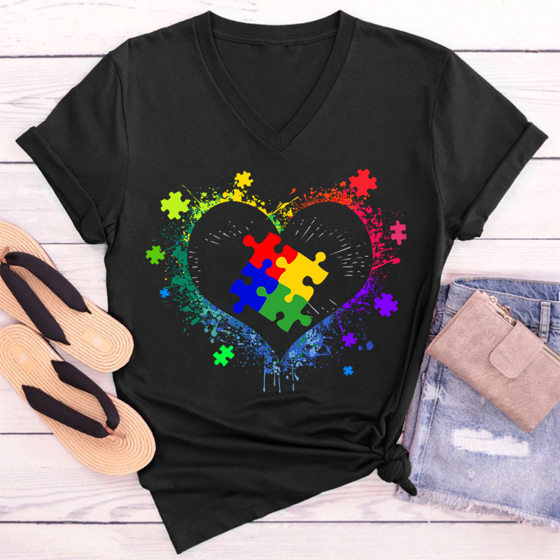 Autism Awareness Love Heart Teacher Female V-Neck T-Shirt