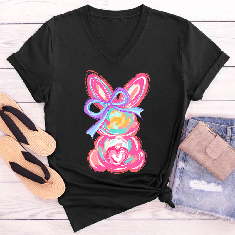 Colorful Bunny Happy Easter Teacher Teacher Female V-Neck T-Shirt