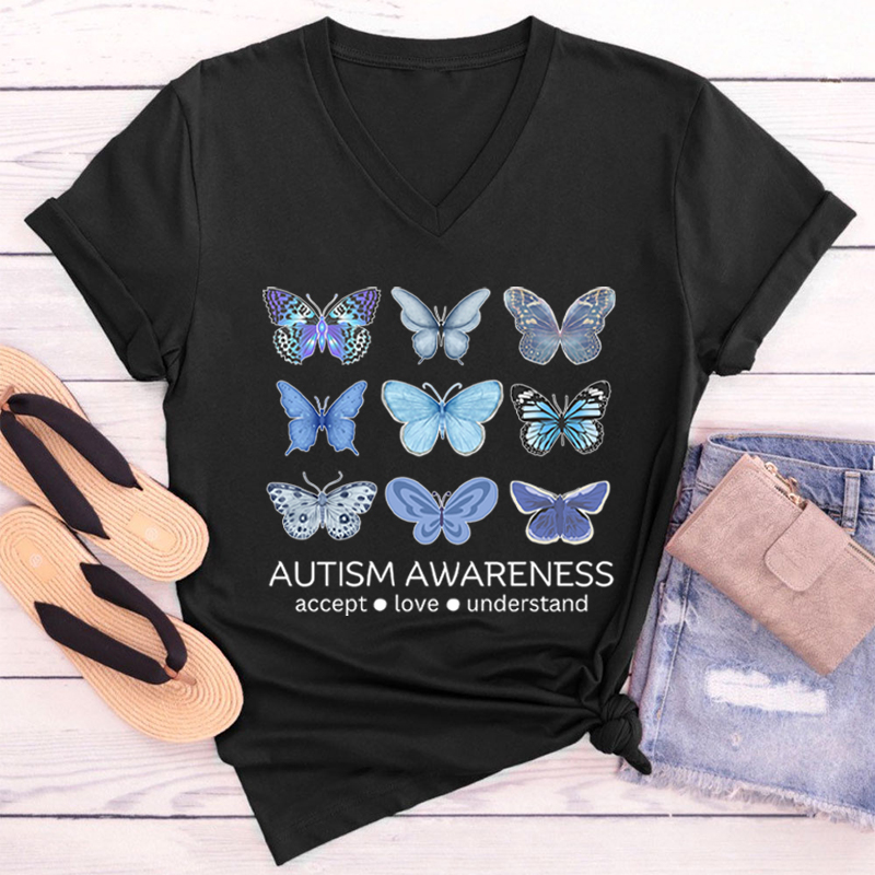 Autism Awareness Butterfly Teacher Female V-Neck T-Shirt