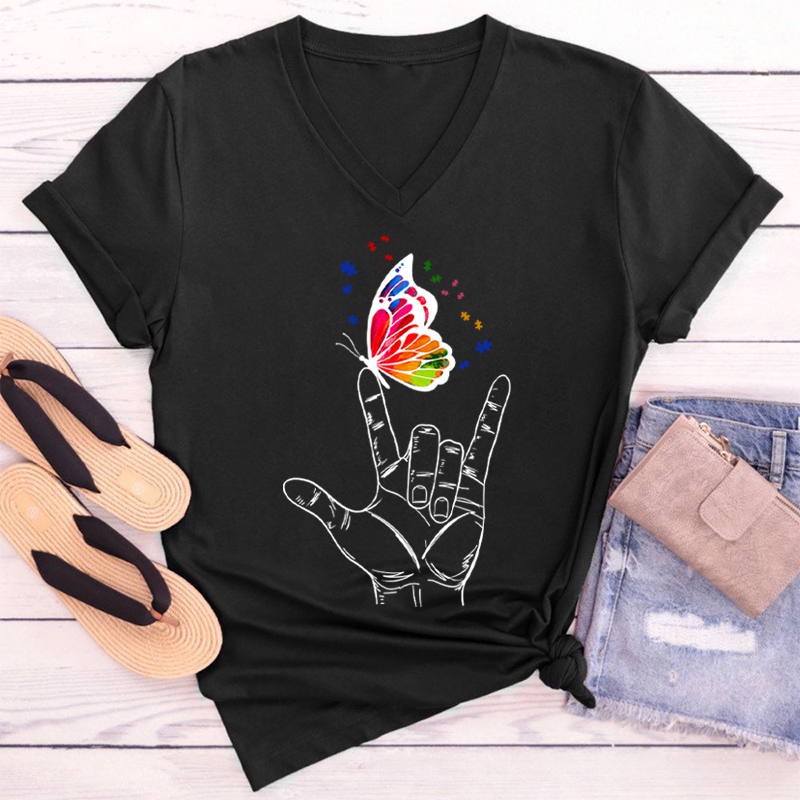 Love Sign Language Autism Butterfly Teacher Female V-Neck T-Shirt