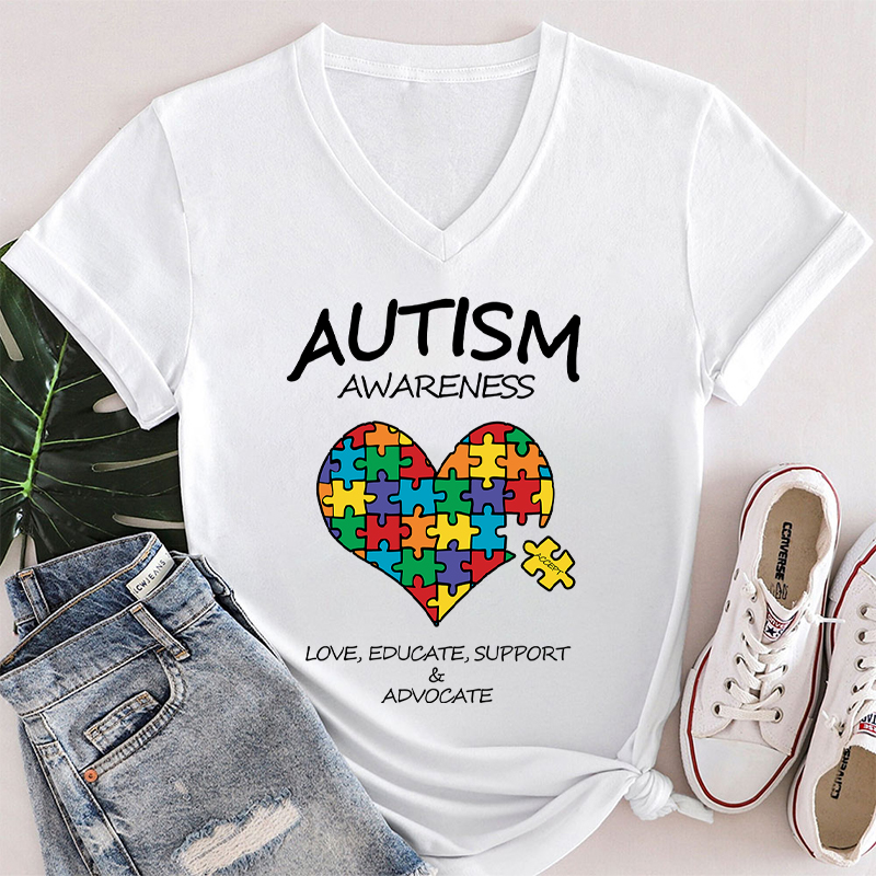 Love Educate Support Autism Awareness Teacher Female V-Neck T-Shirt